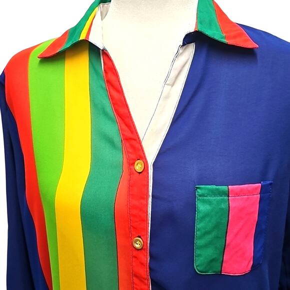 Xception Women Colorful Striped Semi-Sheer Button-Up Gathered Back Blouse Size L - Picture 5 of 7